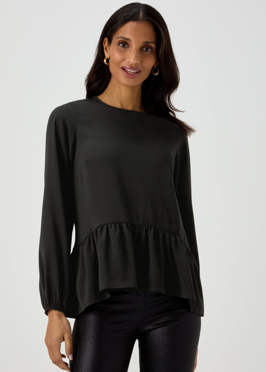 Black Peplum Long Sleeve Blouse