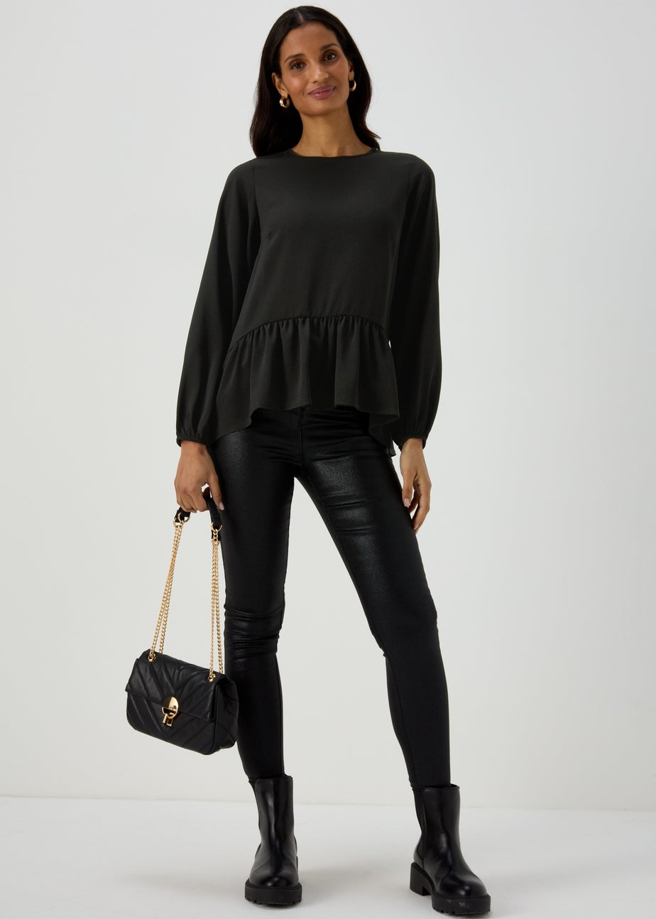 Black Peplum Long Sleeve Blouse