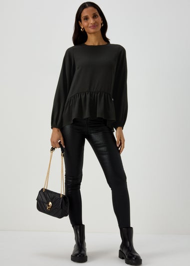 Black Peplum Long Sleeve Blouse