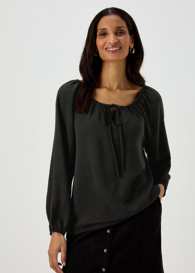Black Long Sleeve Tie Blouse