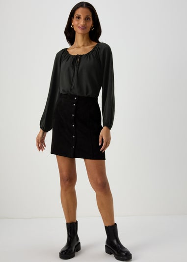 Black Long Sleeve Tie Blouse