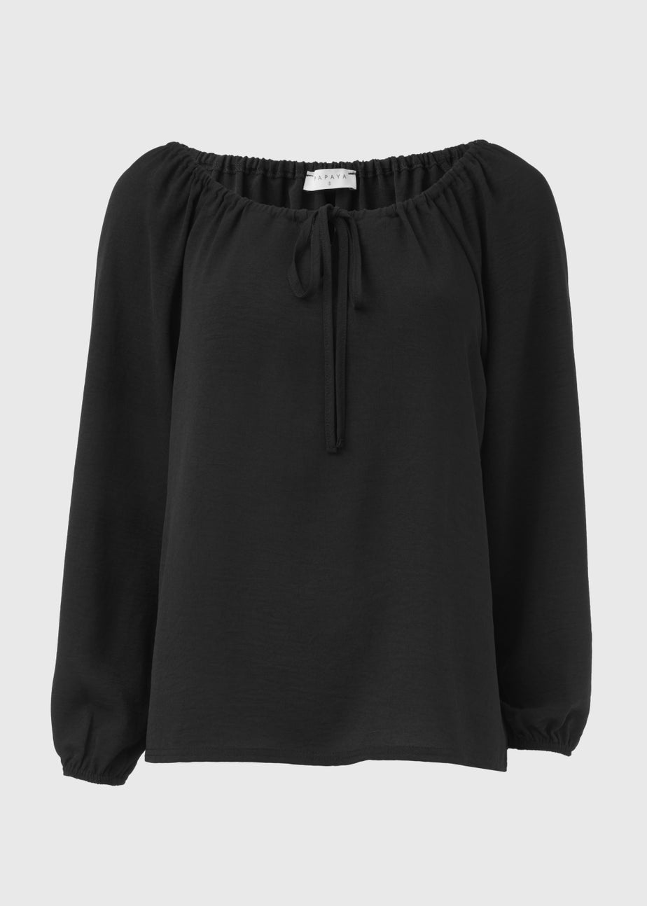Black Long Sleeve Tie Blouse