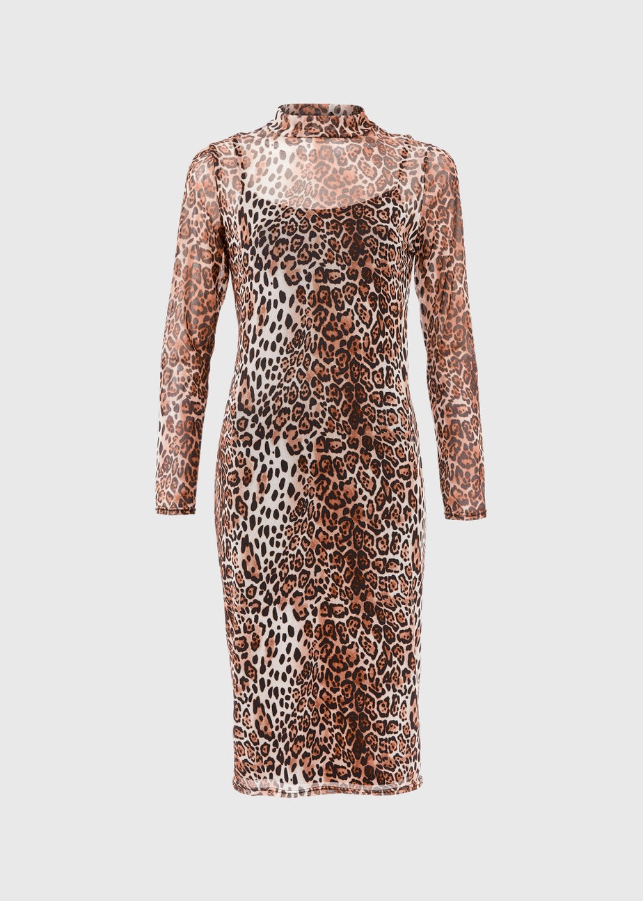 Papaya Petite Brown Leopard Print Mesh Midi Dress