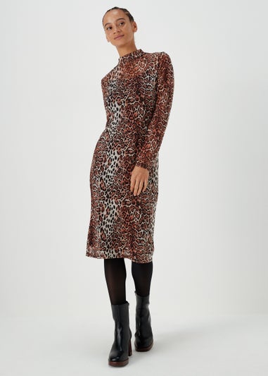 Papaya Petite Brown Leopard Print Mesh Midi Dress
