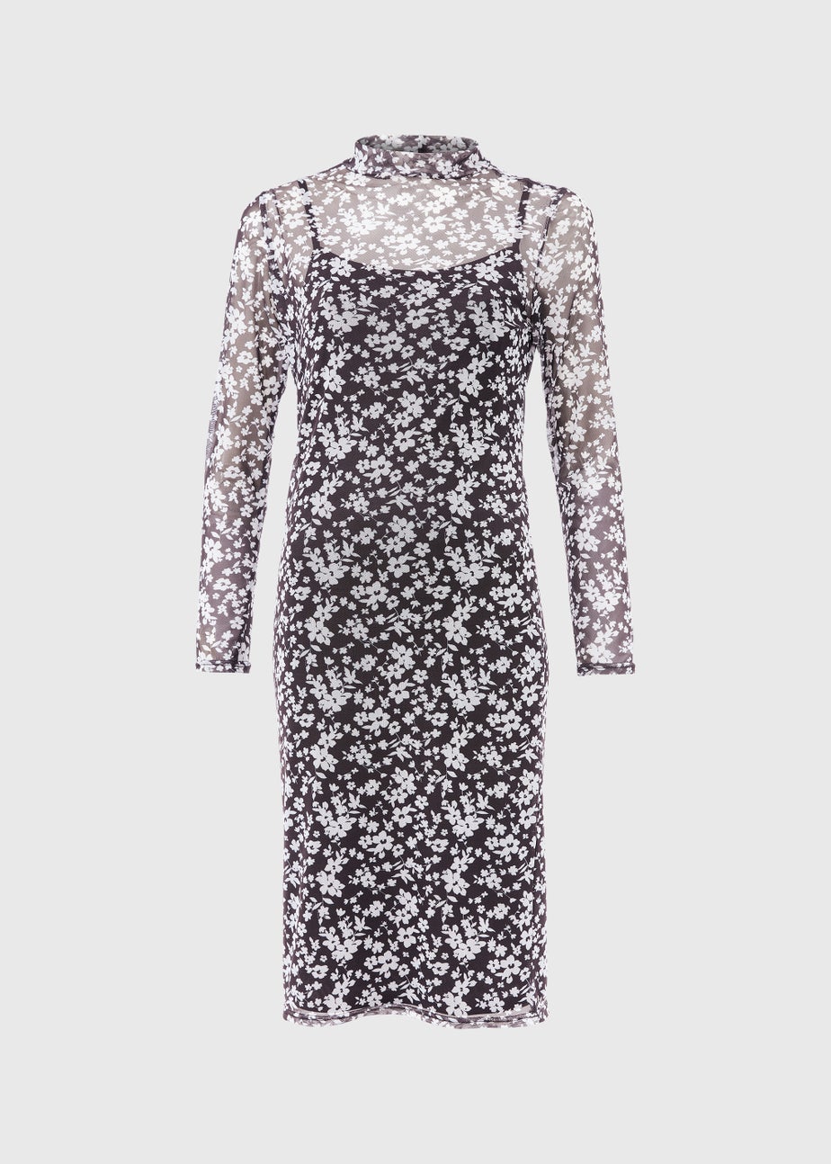 Papaya Petite Monochrome Floral Mesh Midi Dress