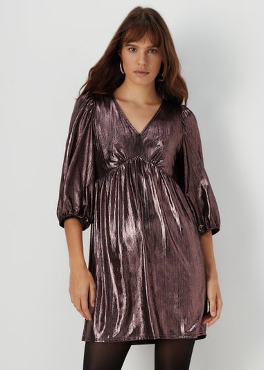 Papaya Petite Rose Gold Metallic Ribbed Mini Dress