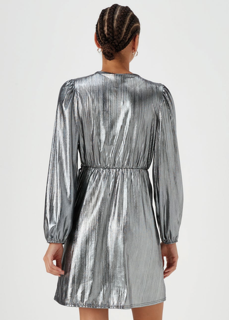 Papaya Petite Silver Metallic Plisse Wrap Mini Dress