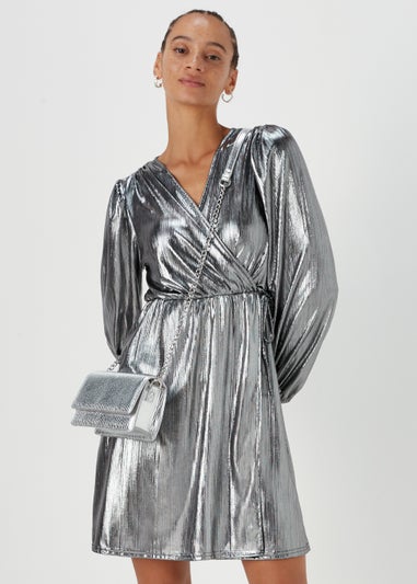 Papaya Petite Silver Metallic Plisse Wrap Mini Dress