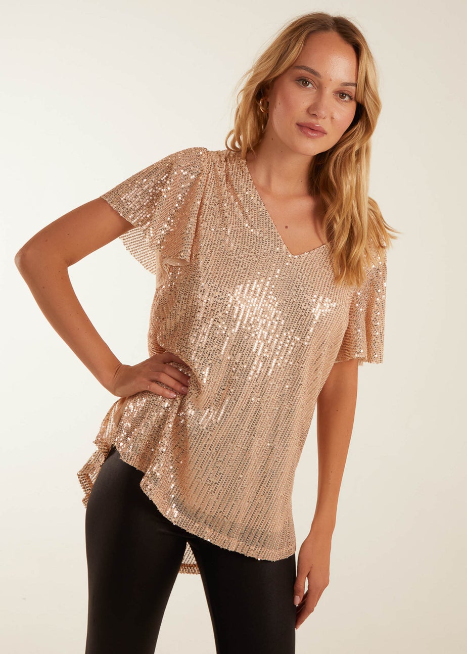 Blue Vanilla Gold Angel Sleeve V Neck Sequin Top