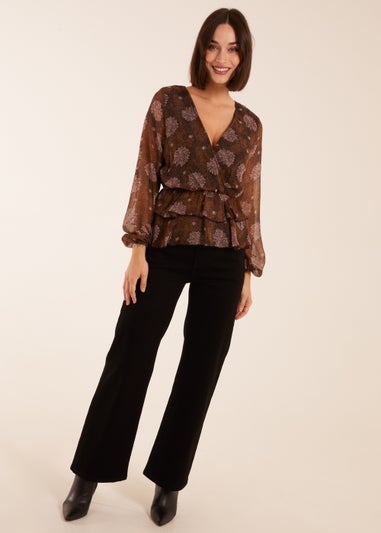 Blue Vanilla Brown Floral Ruffle Wrap Blouse