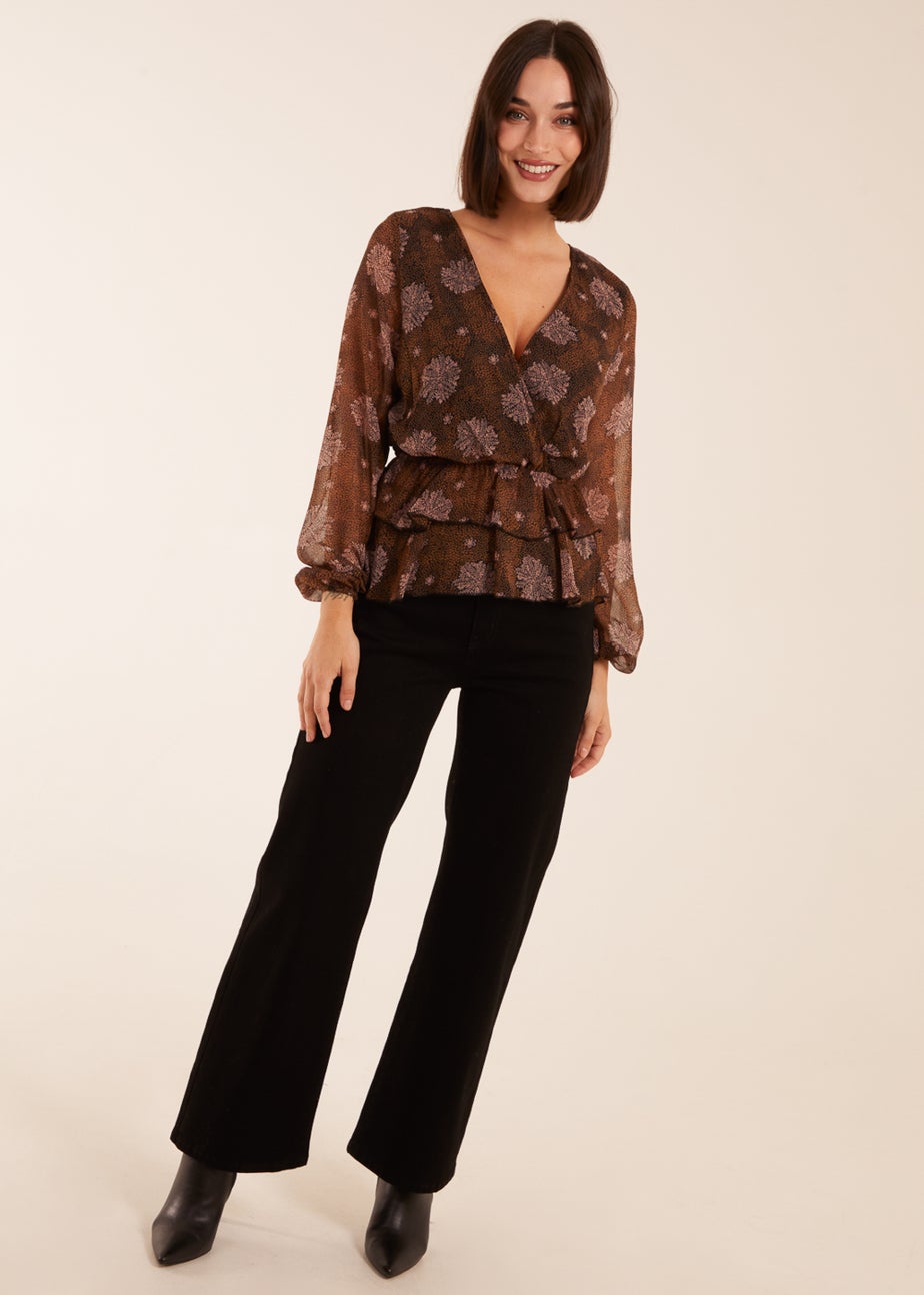 Blue Vanilla Brown Floral Ruffle Wrap Blouse