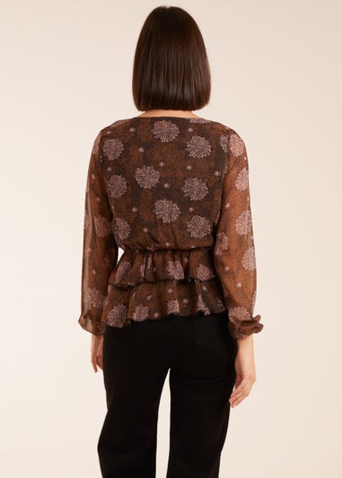 Blue Vanilla Brown Floral Ruffle Wrap Blouse