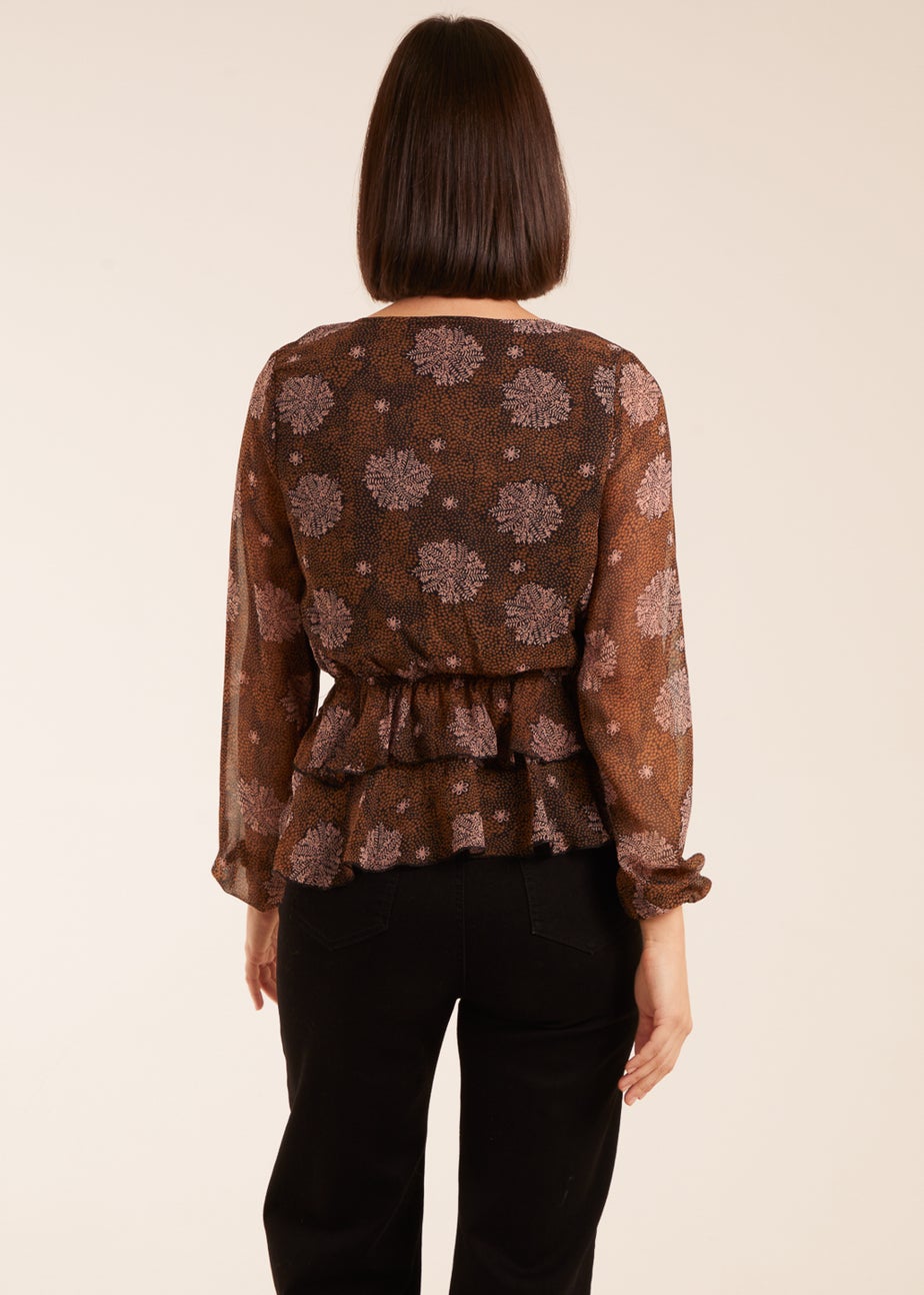 Blue Vanilla Brown Floral Ruffle Wrap Blouse