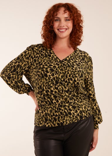 Blue Vanilla Khaki Curve Wrap Front Leopard Print Top