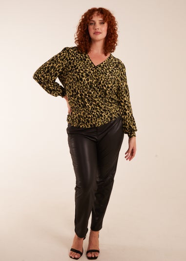 Blue Vanilla Khaki Curve Wrap Front Leopard Print Top