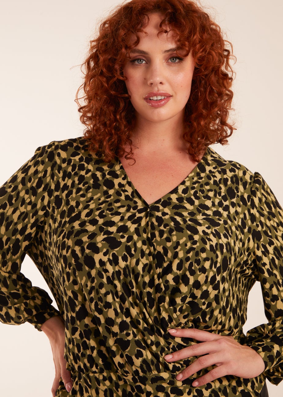 Blue Vanilla Khaki Curve Wrap Front Leopard Print Top