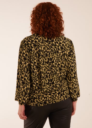 Blue Vanilla Khaki Curve Wrap Front Leopard Print Top