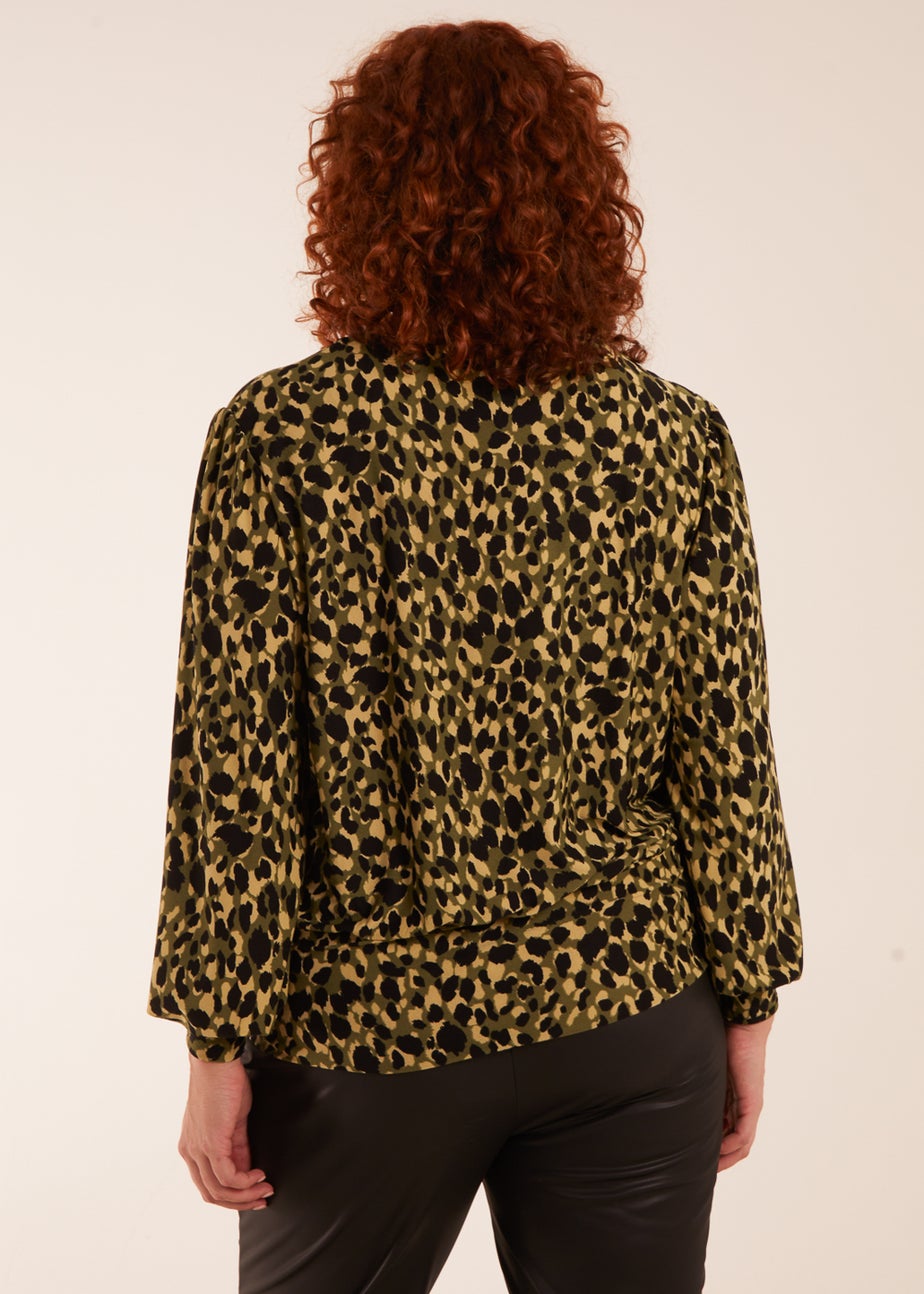 Blue Vanilla Khaki Curve Wrap Front Leopard Print Top