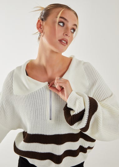 Pink Vanilla Ivory Stripe Zip-Up Collar Knitted Jumper