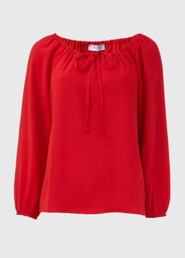 Red Long Sleeve Tie Blouse