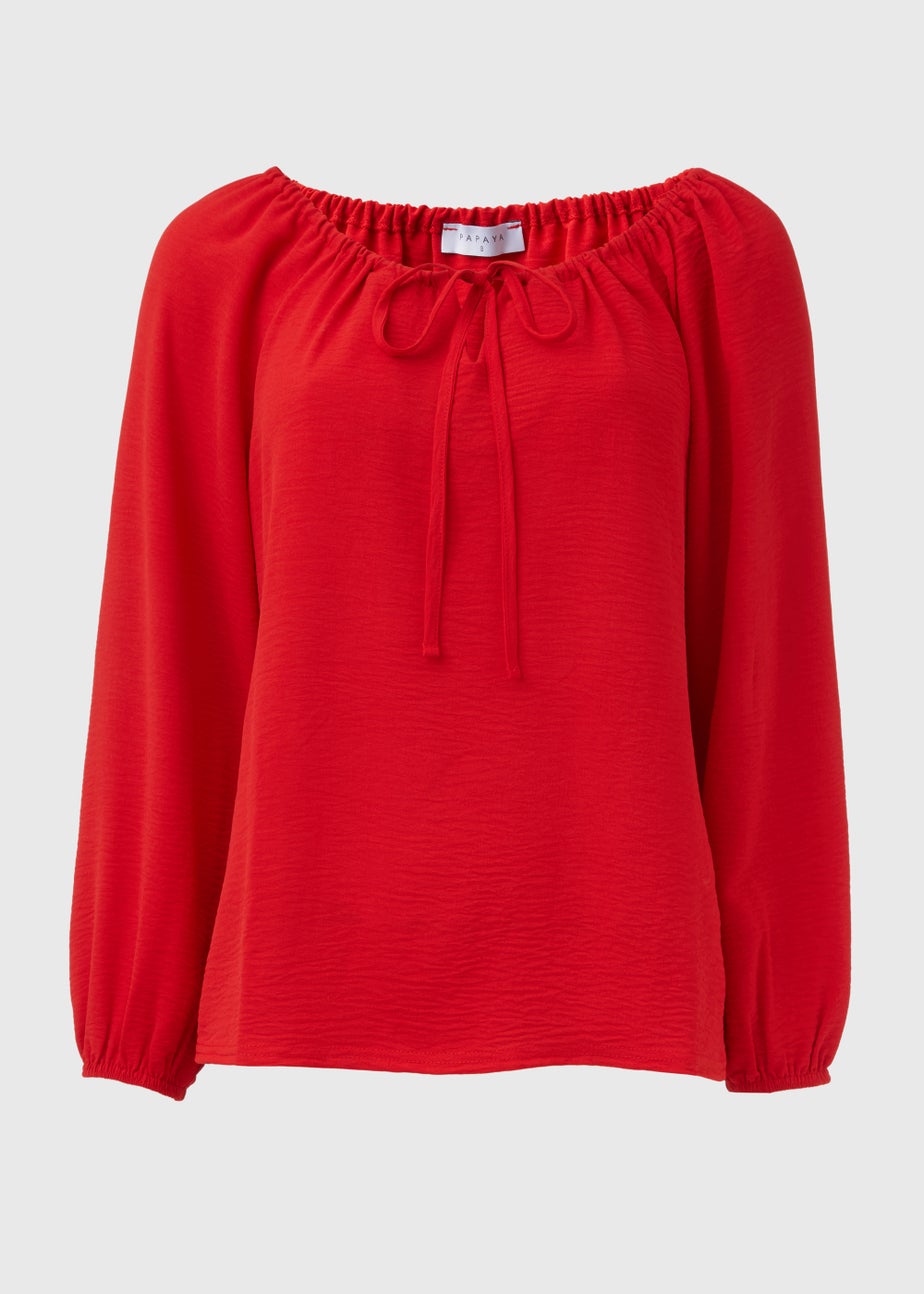 Red Long Sleeve Tie Blouse