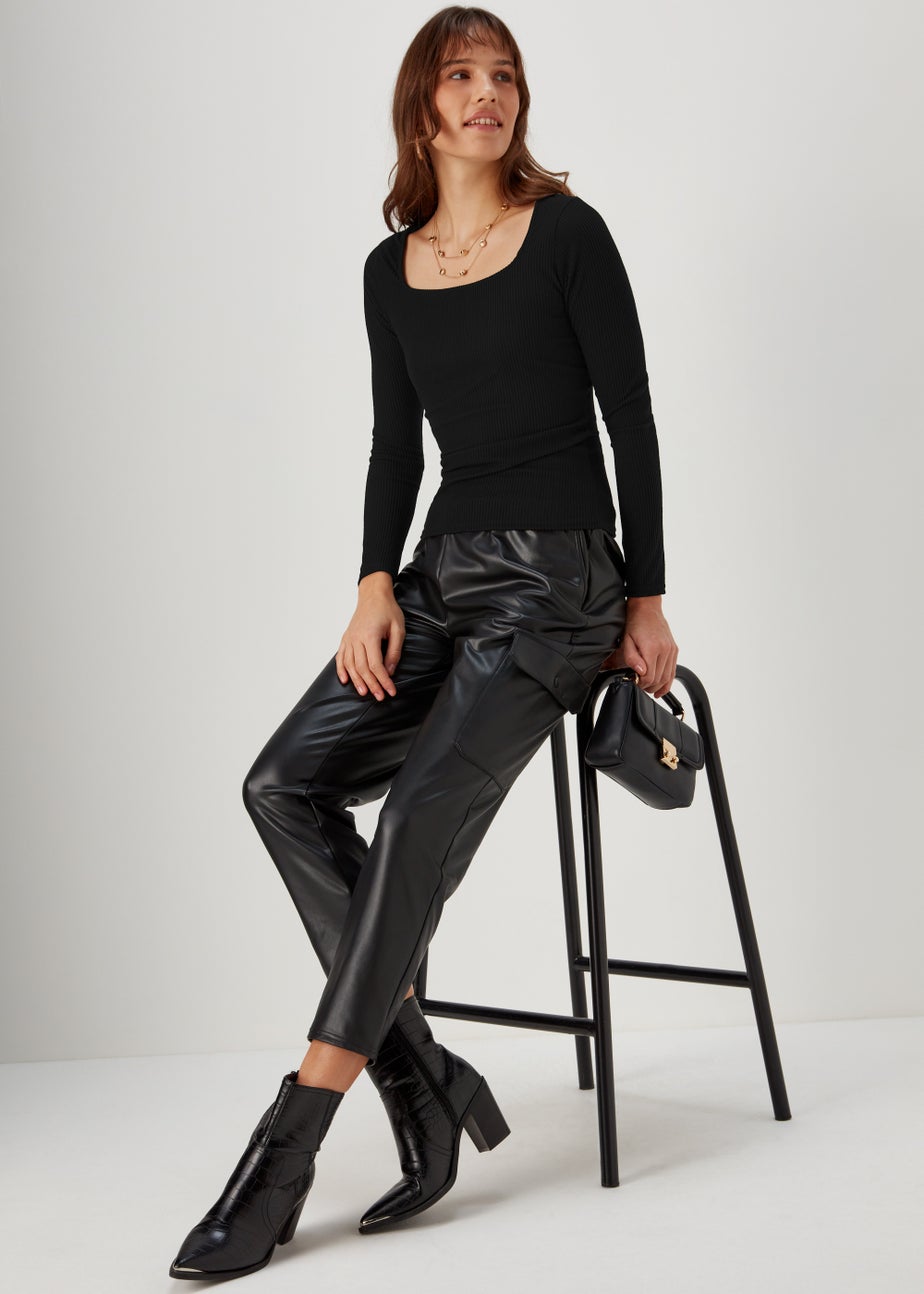 Black Square Neck Ribbed Long Sleeve Top