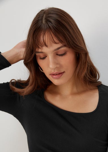 Black Square Neck Ribbed Long Sleeve Top