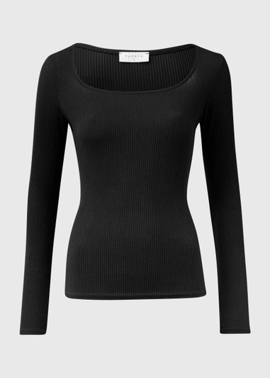 Black Square Neck Ribbed Long Sleeve Top