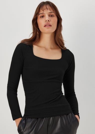 Black Square Neck Ribbed Long Sleeve Top
