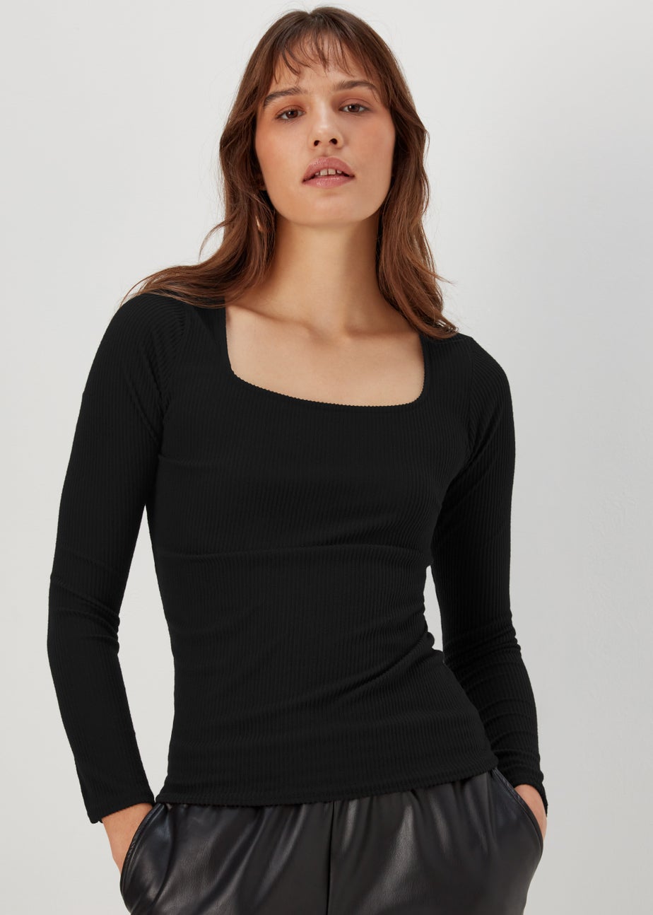 Black Square Neck Ribbed Long Sleeve Top