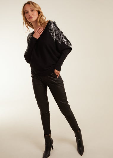 Blue Vanilla Black Diamante Leaf Shoulder Batwing Jumper