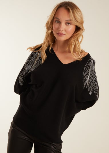 Blue Vanilla Black Diamante Leaf Shoulder Batwing Jumper