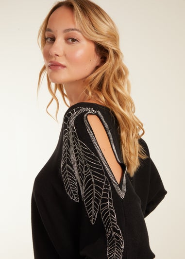 Blue Vanilla Black Diamante Leaf Shoulder Batwing Jumper