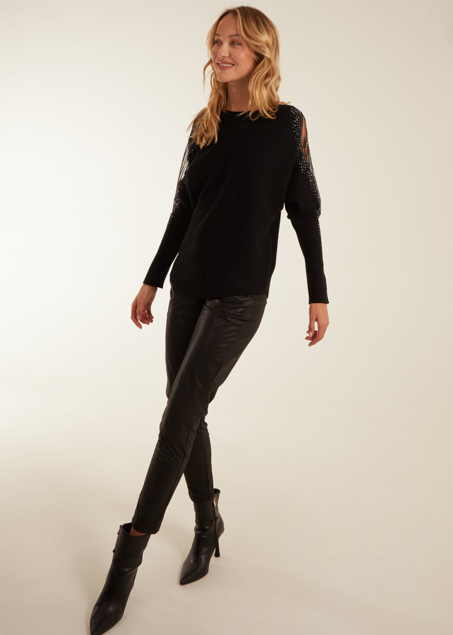 Blue Vanilla Black Mesh And Diamante Batwing Jumper