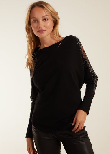 Blue Vanilla Black Mesh And Diamante Batwing Jumper