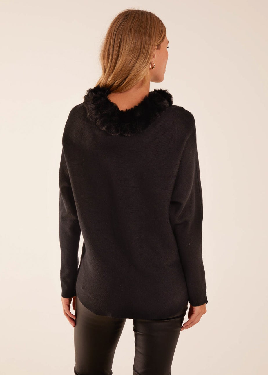 Blue Vanilla Black Fur Collar Batwing Jumper