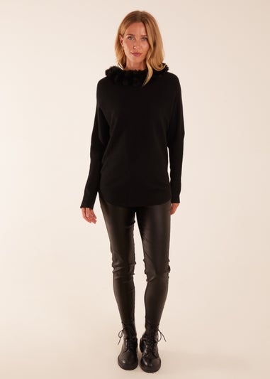 Blue Vanilla Black Fur Collar Batwing Jumper