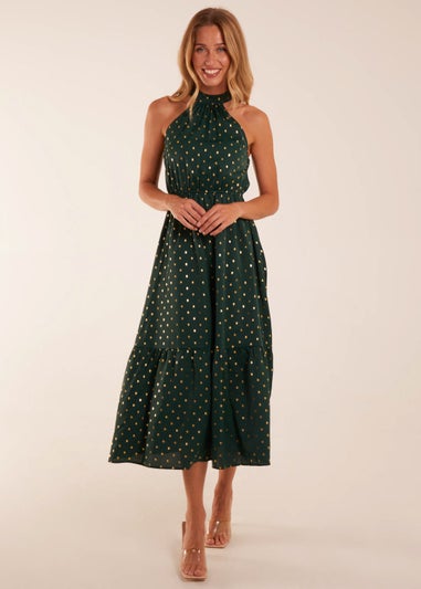 Blue Vanilla Bottle Green Blouson Halter Neck Dress