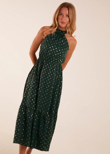 Blue Vanilla Bottle Green Blouson Halter Neck Dress