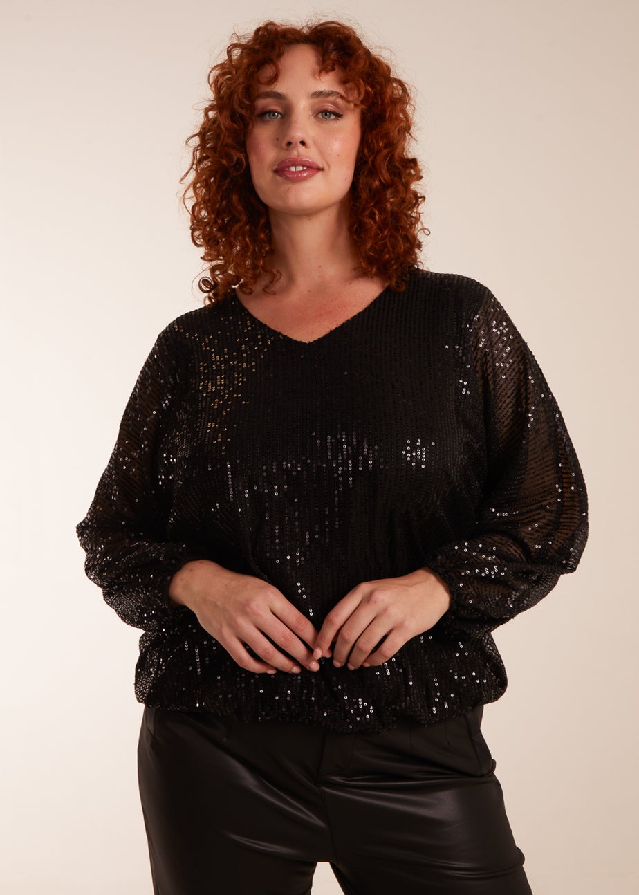 Blue Vanilla Black Curve Sequin Batwing Blouse