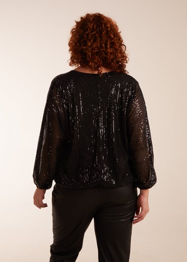 Blue Vanilla Black Curve Sequin Batwing Blouse