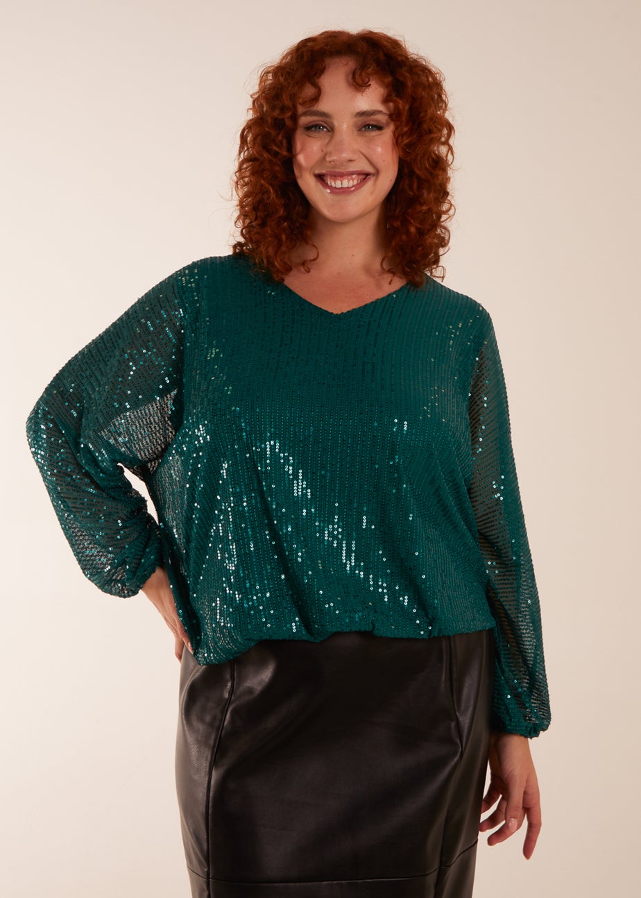 Blue Vanilla Teal Curve Sequin Batwing Blouse
