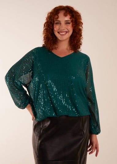 Blue Vanilla Teal Curve Sequin Batwing Blouse