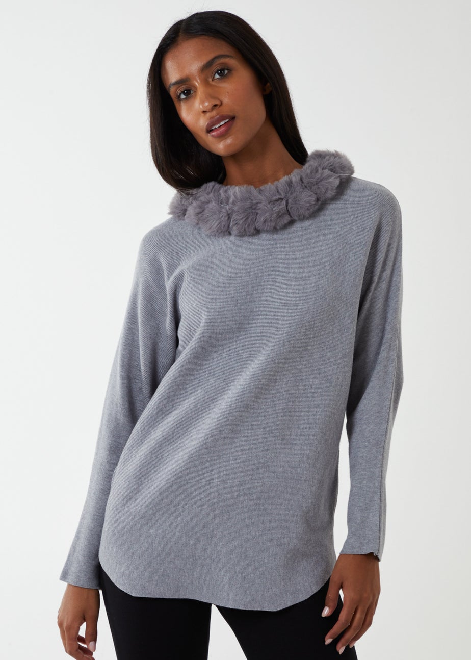 Blue Vanilla Grey Fur Collar Batwing Jumper