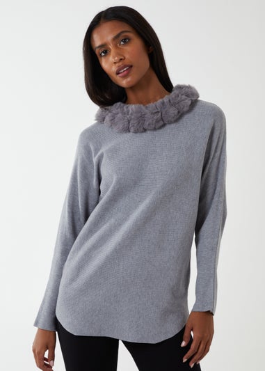Blue Vanilla Grey Fur Collar Batwing Jumper