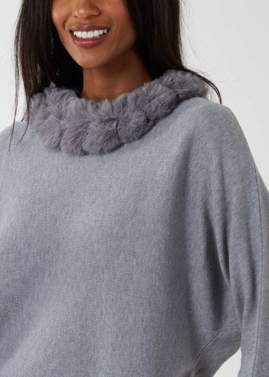 Blue Vanilla Grey Fur Collar Batwing Jumper