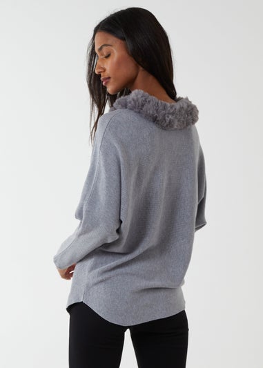 Blue Vanilla Grey Fur Collar Batwing Jumper