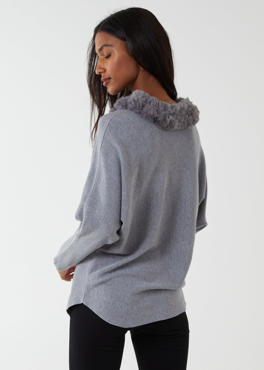 Blue Vanilla Grey Fur Collar Batwing Jumper