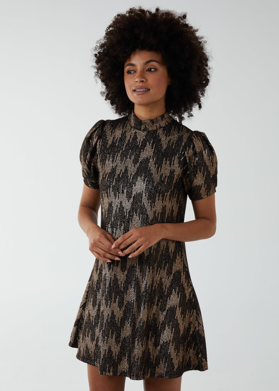 Blue Vanilla Bronze Puff Sleeve Swing Dress