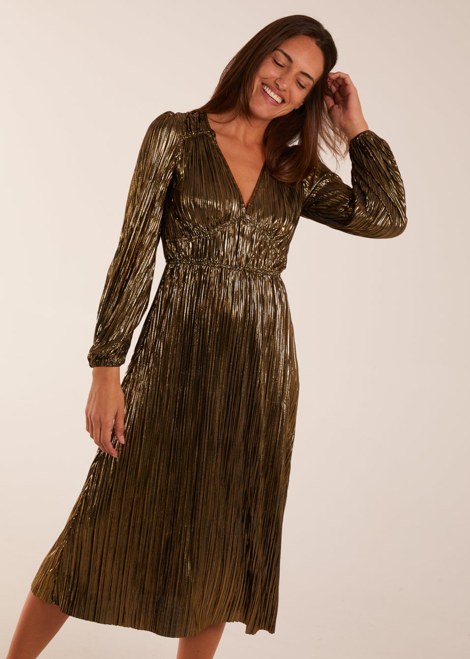 Blue Vanilla Gold Plisse V-Neck Elasticated Midi Dress